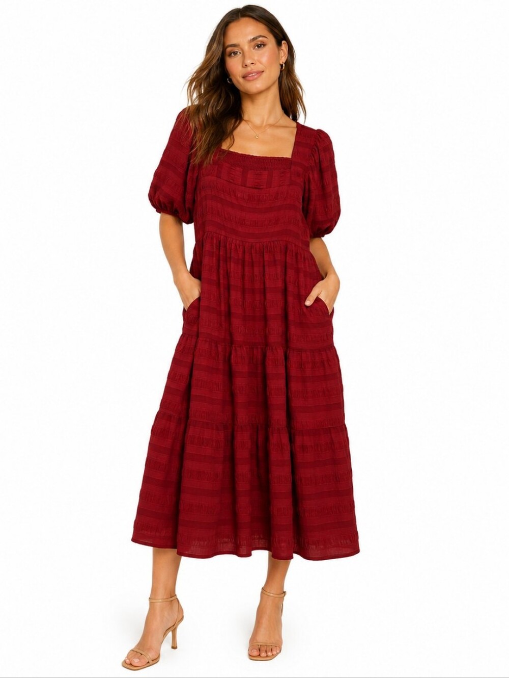 Mikarose The Indy Puff Sleeve Smocked Midi Dress Lipstick Red Modest